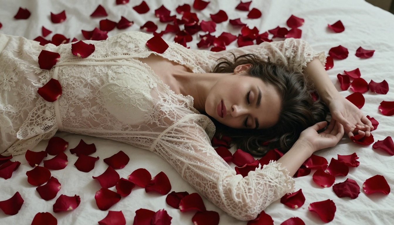 Editorial fashion portrait lying on red rose petals, overhead lighting, macro fabric detail
