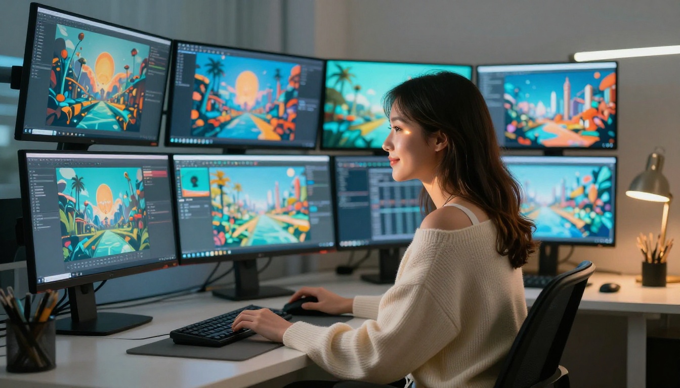 Creative professional with AI-generated art on monitors in cinematic teal-orange workspace