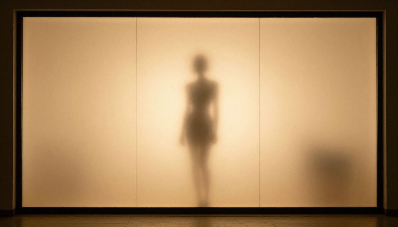 Artistic amber-backlit silhouette through frosted glass panel, fine art aesthetic