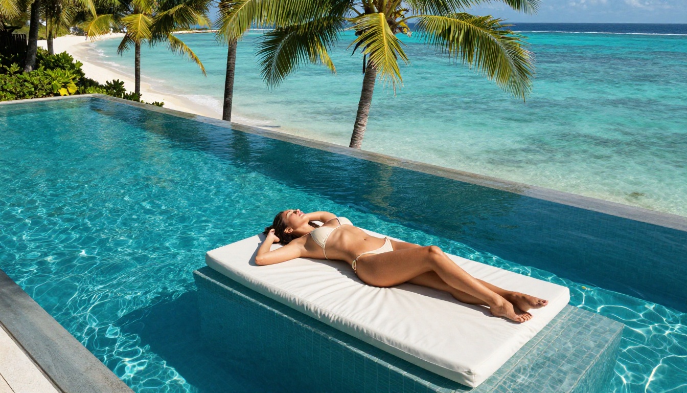Aerial luxury lifestyle shot of woman in cream bikini beside infinity pool overlooking tropical bay