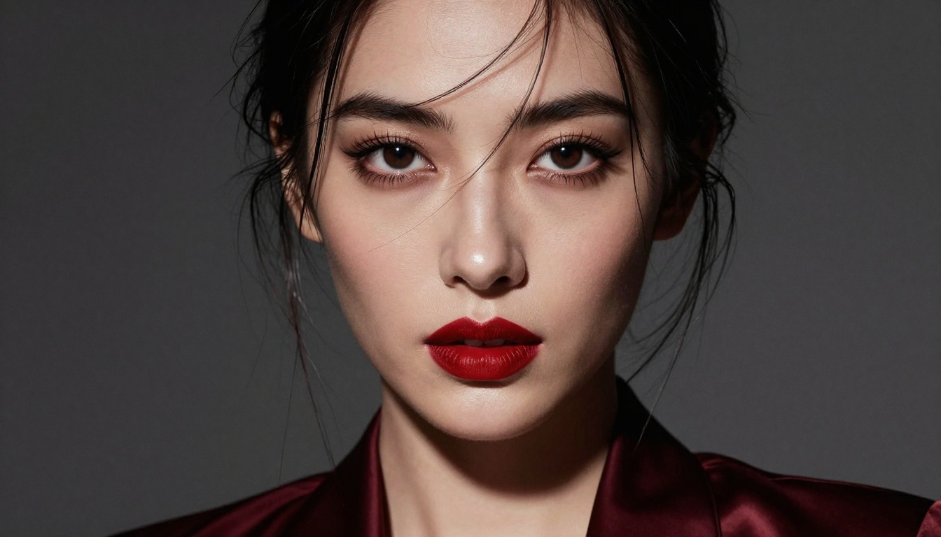 Close-up Rembrandt-lit beauty portrait with bold red lips and silk burgundy blouse