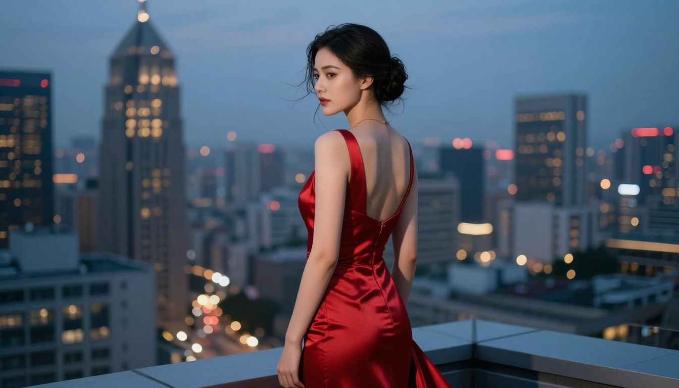 Elegant woman in red satin evening gown on rooftop at dusk, city skyline bokeh, 135mm telephoto, cinematic mood Elegant woman in red satin evening gown on rooftop at dusk, city skyline bokeh, 135mm telephoto, cinematic mood