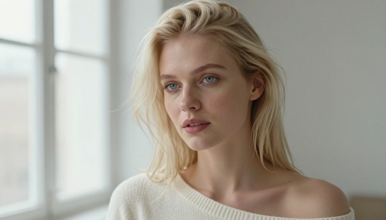 Close-up glamour portrait with platinum blonde hair, studio light