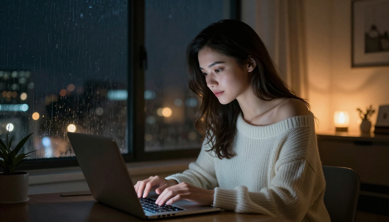 Woman typing on laptop late at night in a dimly lit modern apartment, screen glow illuminating her face Woman typing on laptop late at night in a dimly lit modern apartment, screen glow illuminating her face