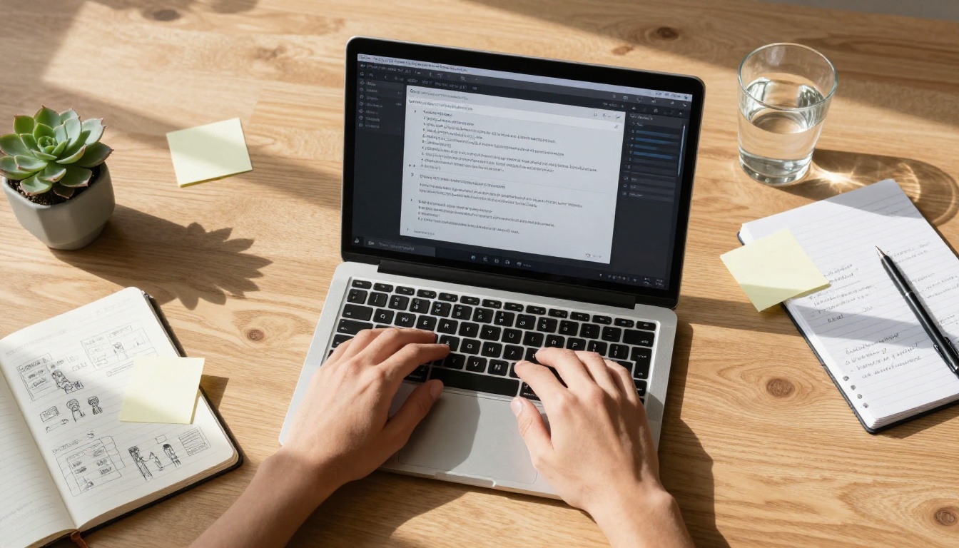 Overhead shot of hands typing a detailed AI video prompt on a laptop keyboard Overhead shot of hands typing a detailed AI video prompt on a laptop keyboard