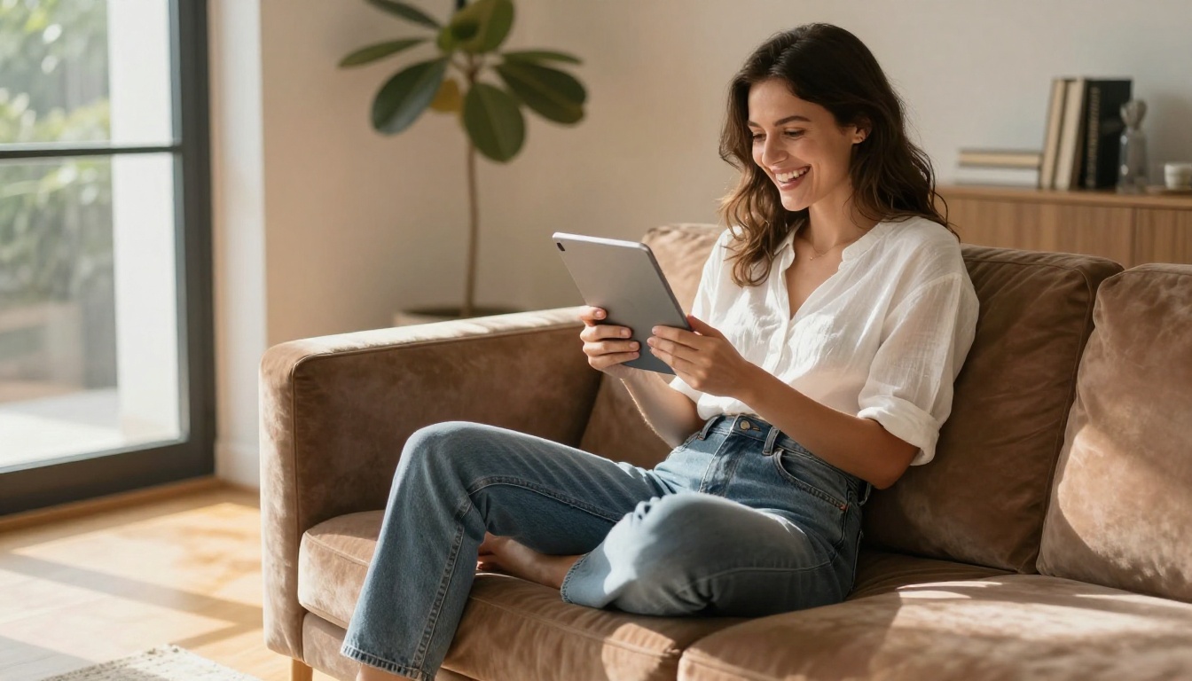 Woman laughing authentically at content on her tablet