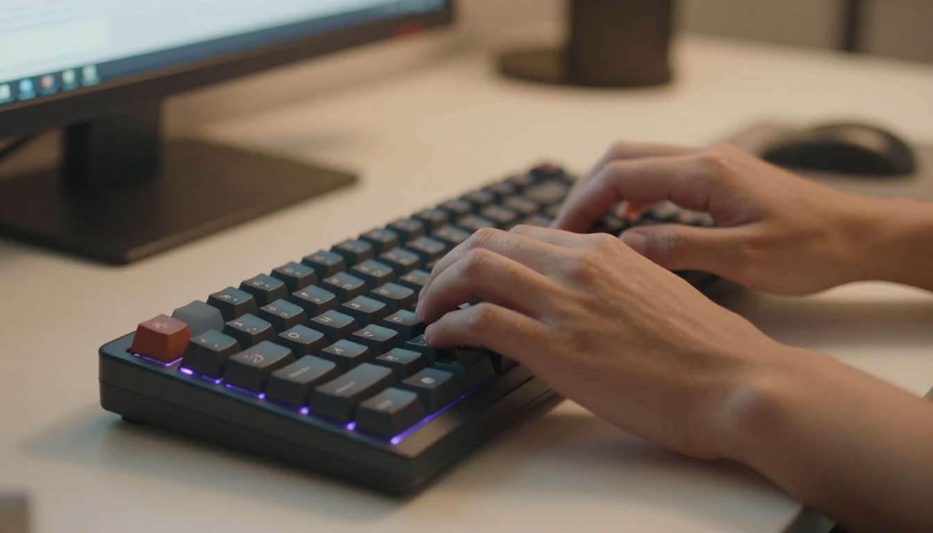 A person typing a text prompt on a keyboard to generate an AI video