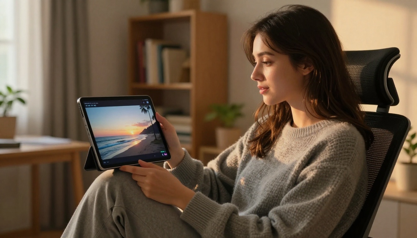 Young woman holding a tablet displaying a cinematic AI-generated video of a coastal sunset Young woman holding a tablet displaying a cinematic AI-generated video of a coastal sunset