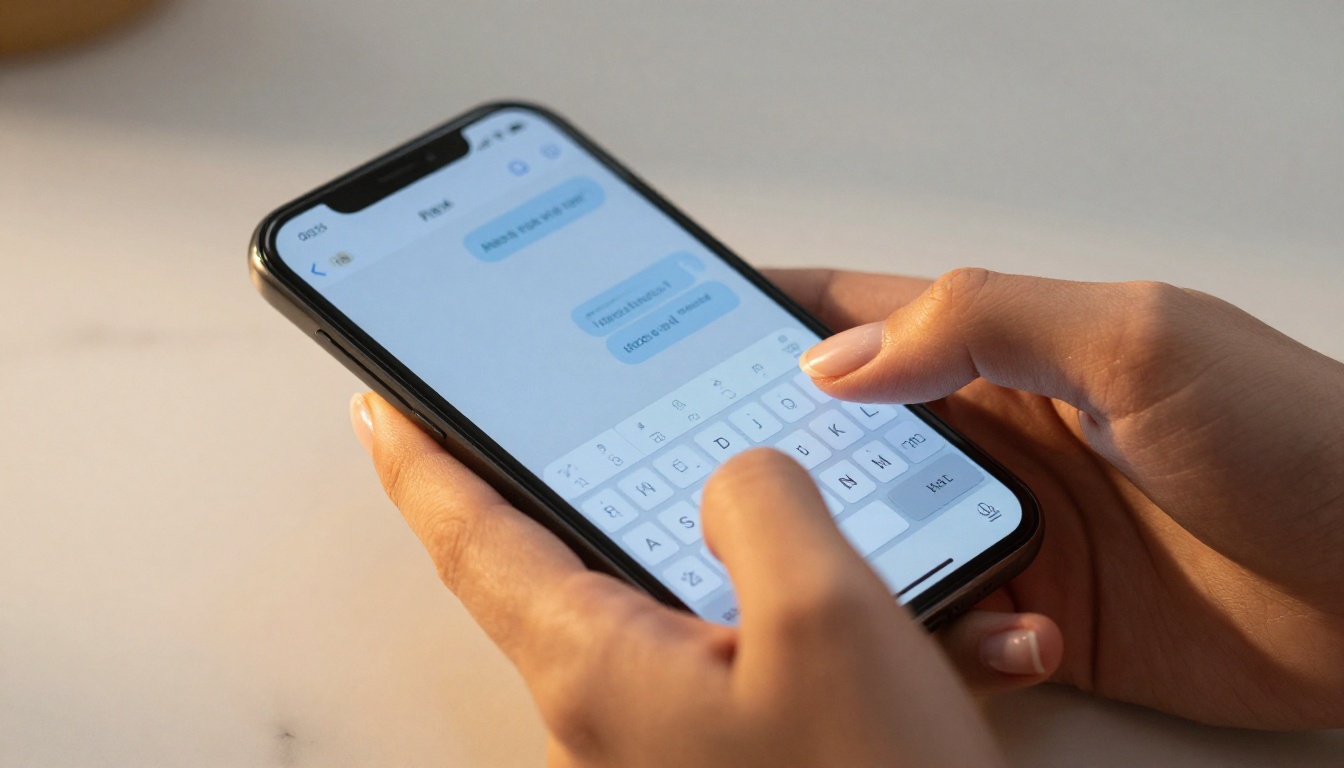 Close-up of elegant female hands holding a smartphone, chat conversation visible on screen, warm golden light Close-up of elegant female hands holding a smartphone, chat conversation visible on screen, warm golden light