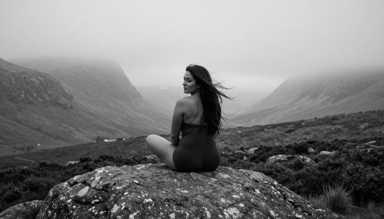 Artistic black and white portrait, woman in Scottish highlands
