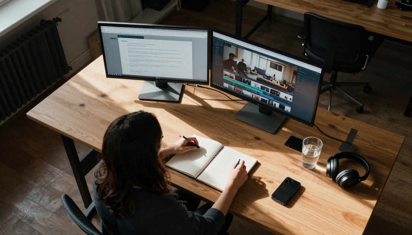 Aerial view of a workspace with dual monitors showing text-to-video interfaces