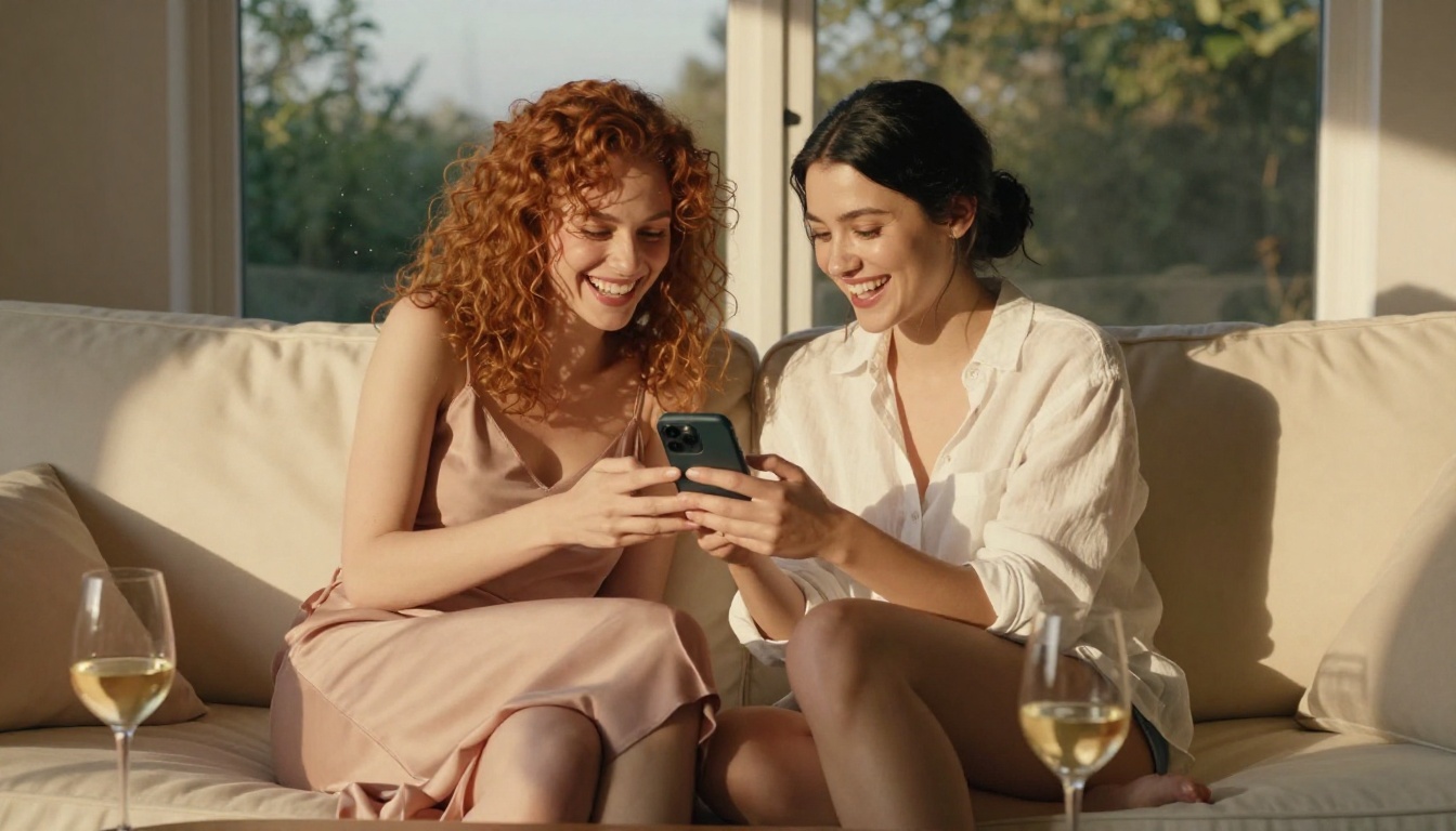 Two beautiful young women laughing together while looking at a smartphone on an ivory sofa Two beautiful young women laughing together while looking at a smartphone on an ivory sofa