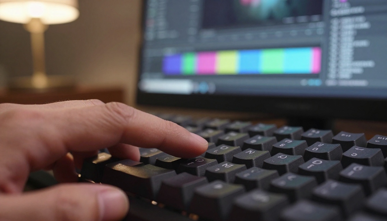 Close-up of fingers typing on a mechanical keyboard creating AI video prompts
