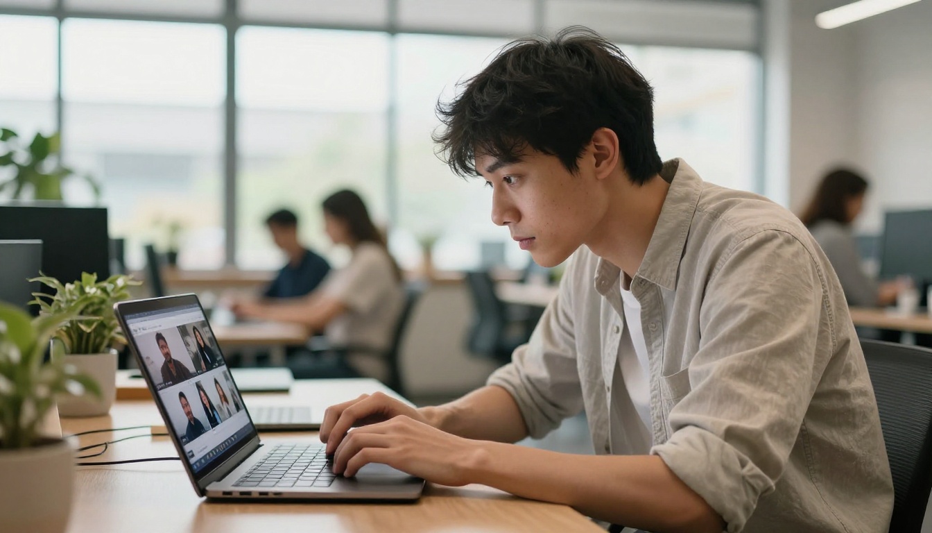 A man in a co-working space browsing text-to-video model options on a laptop