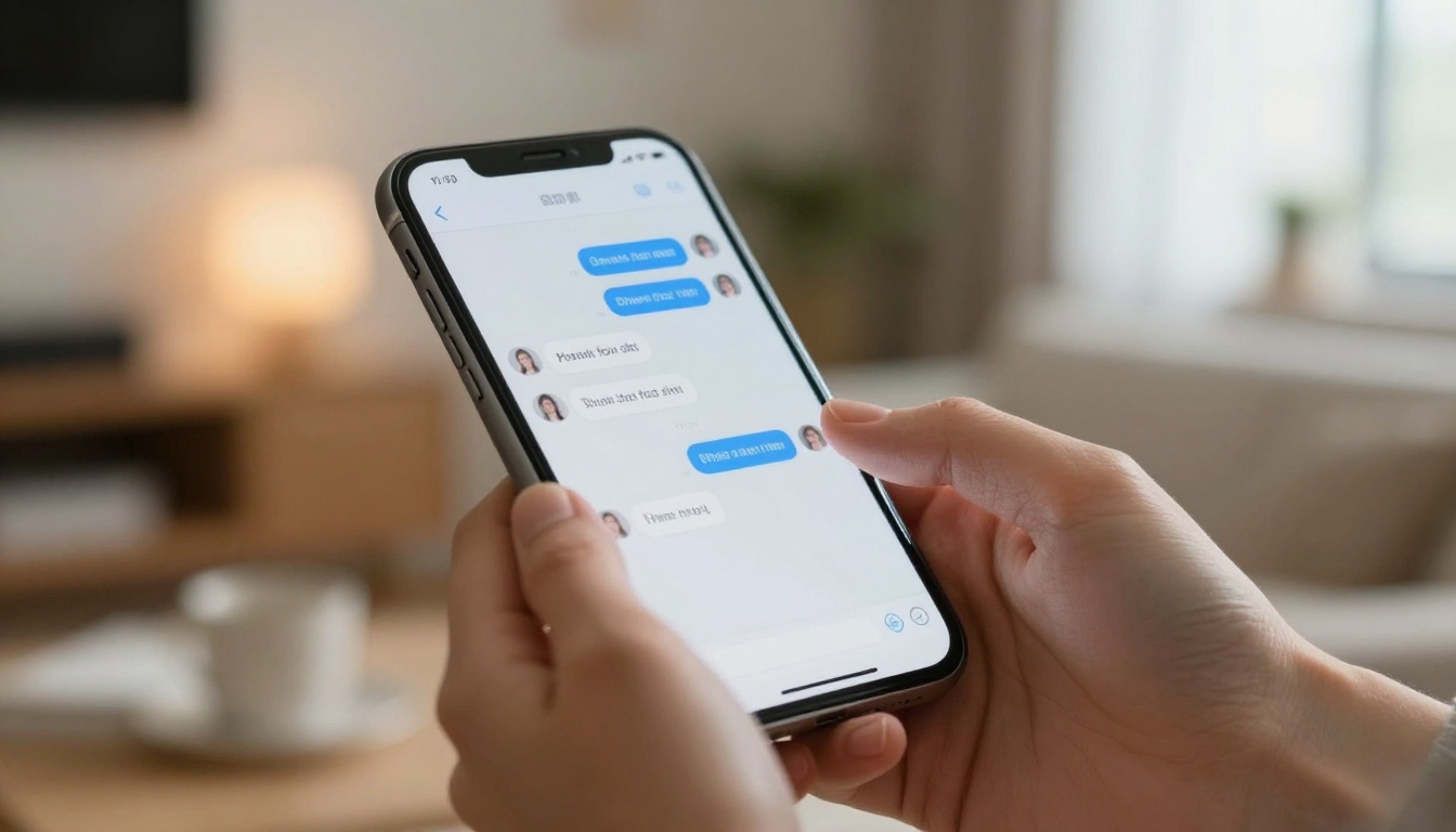 Hands holding smartphone with chat interface glowing