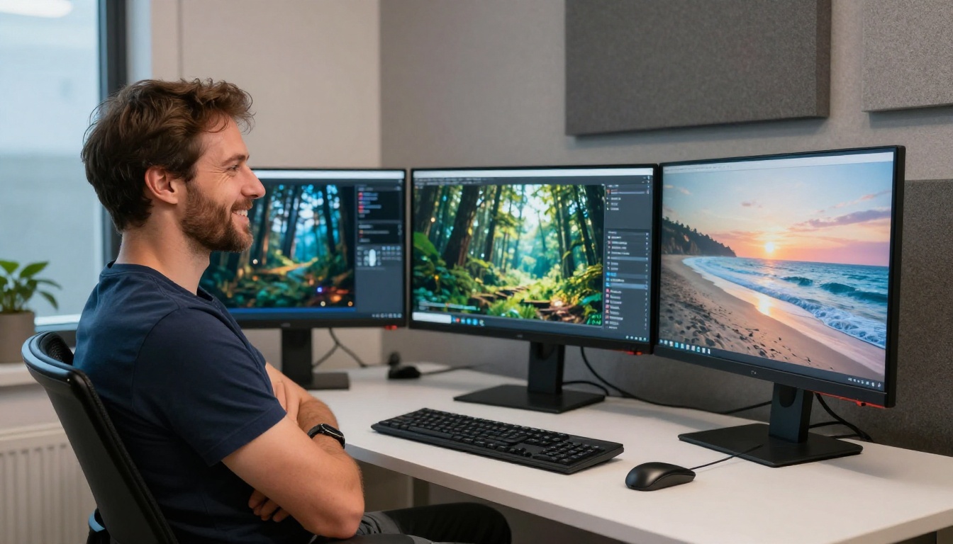 Man leaning back satisfied looking at three monitors showing different AI-generated video outputs Man leaning back satisfied looking at three monitors showing different AI-generated video outputs