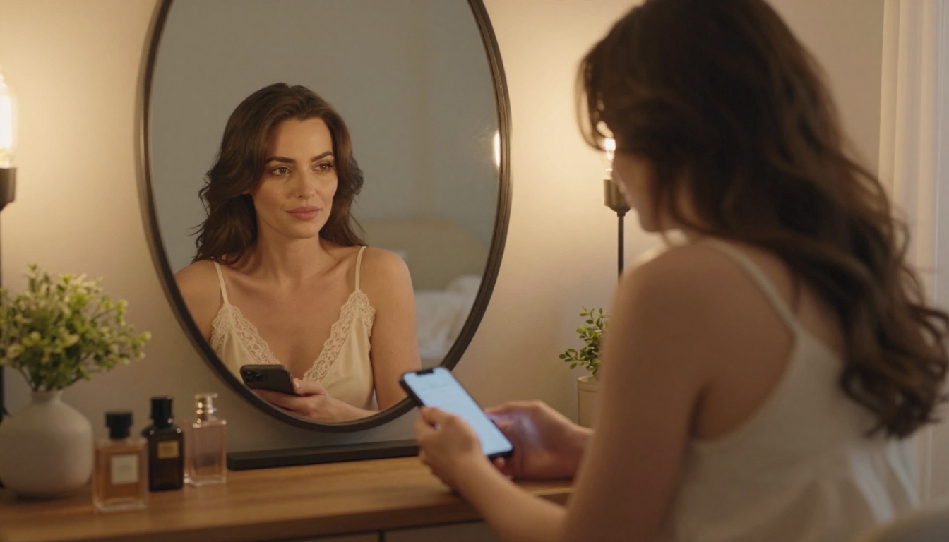 Woman at vanity mirror looking at phone with warm Edison light