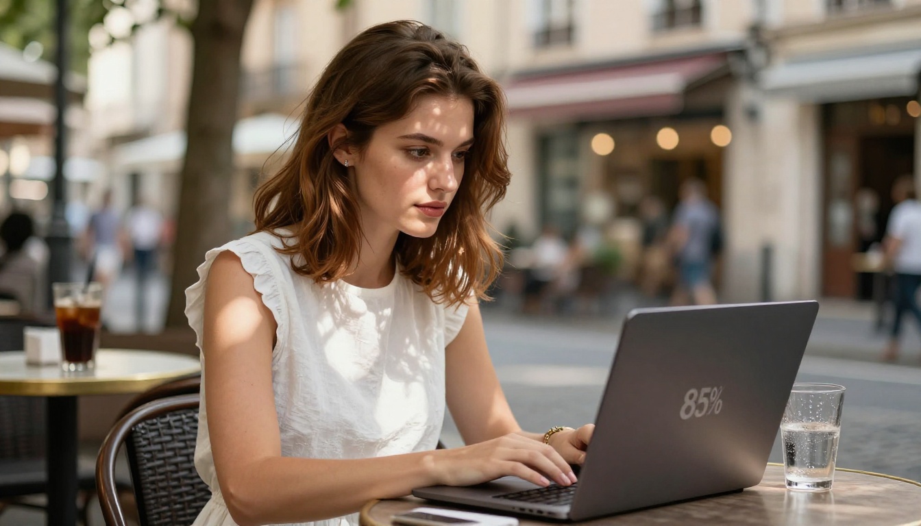 Woman at an outdoor European cafe with laptop showing AI video generation in progress