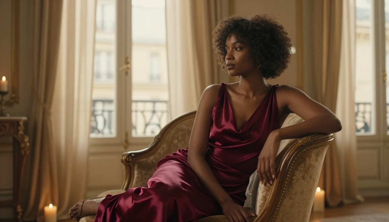 Elegant woman in Parisian apartment with golden afternoon light