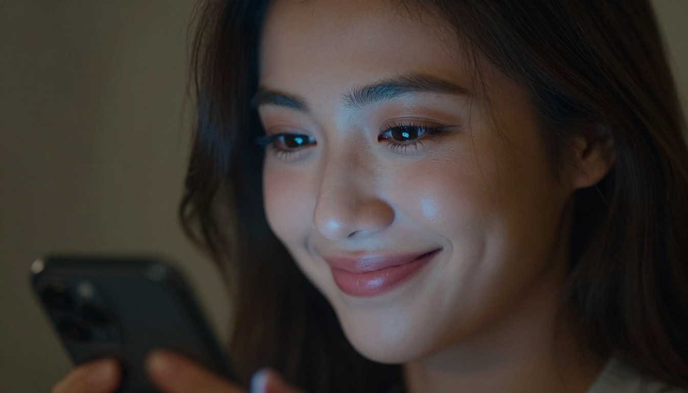 Close-up portrait of a woman's face, half-illuminated by soft blue smartphone glow, warm amused expression Close-up portrait of a woman's face, half-illuminated by soft blue smartphone glow, warm amused expression
