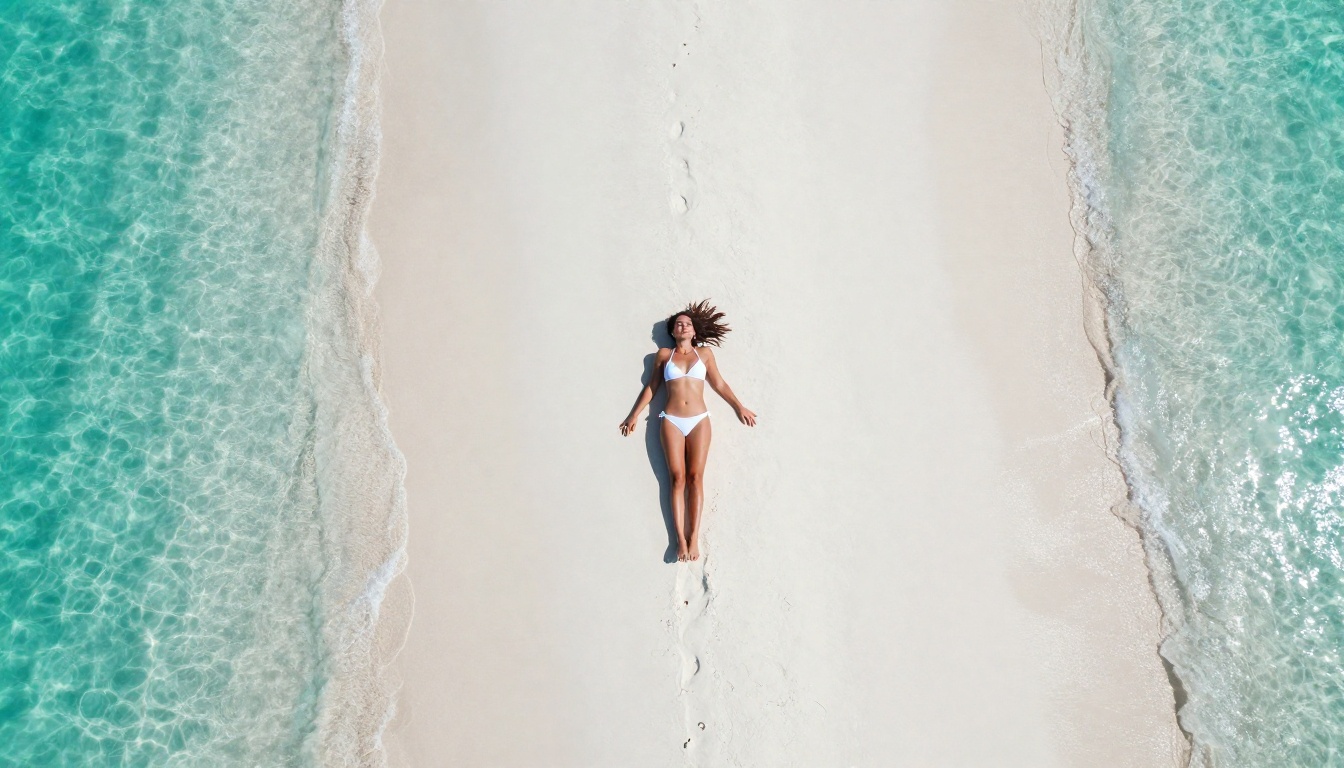 Aerial drone view of woman in white bikini on pristine white sand beach, turquoise water, overhead noon light Aerial drone view of woman in white bikini on pristine white sand beach, turquoise water, overhead noon light