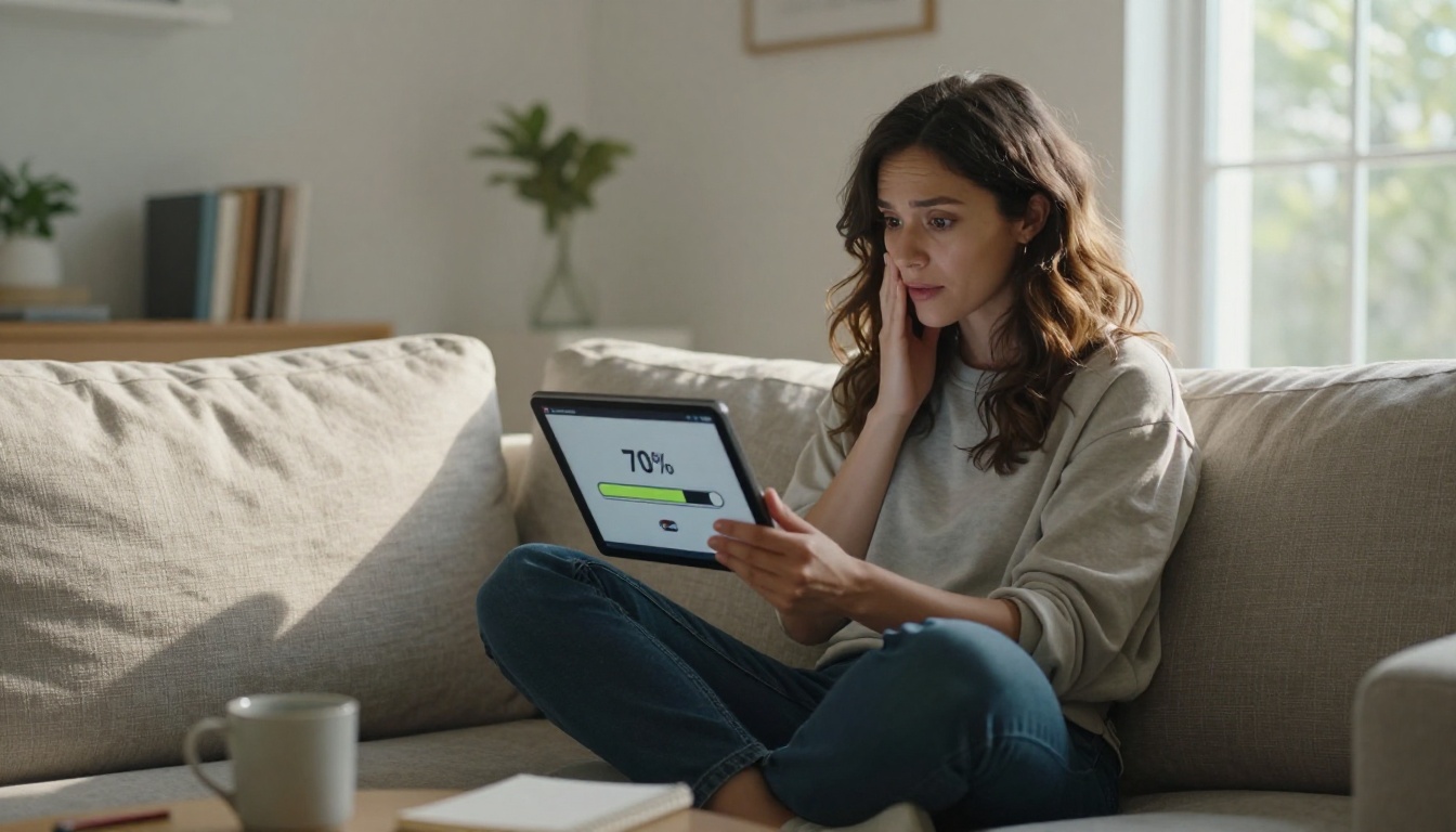 A woman on a sofa holding a tablet watching a video generation progress bar