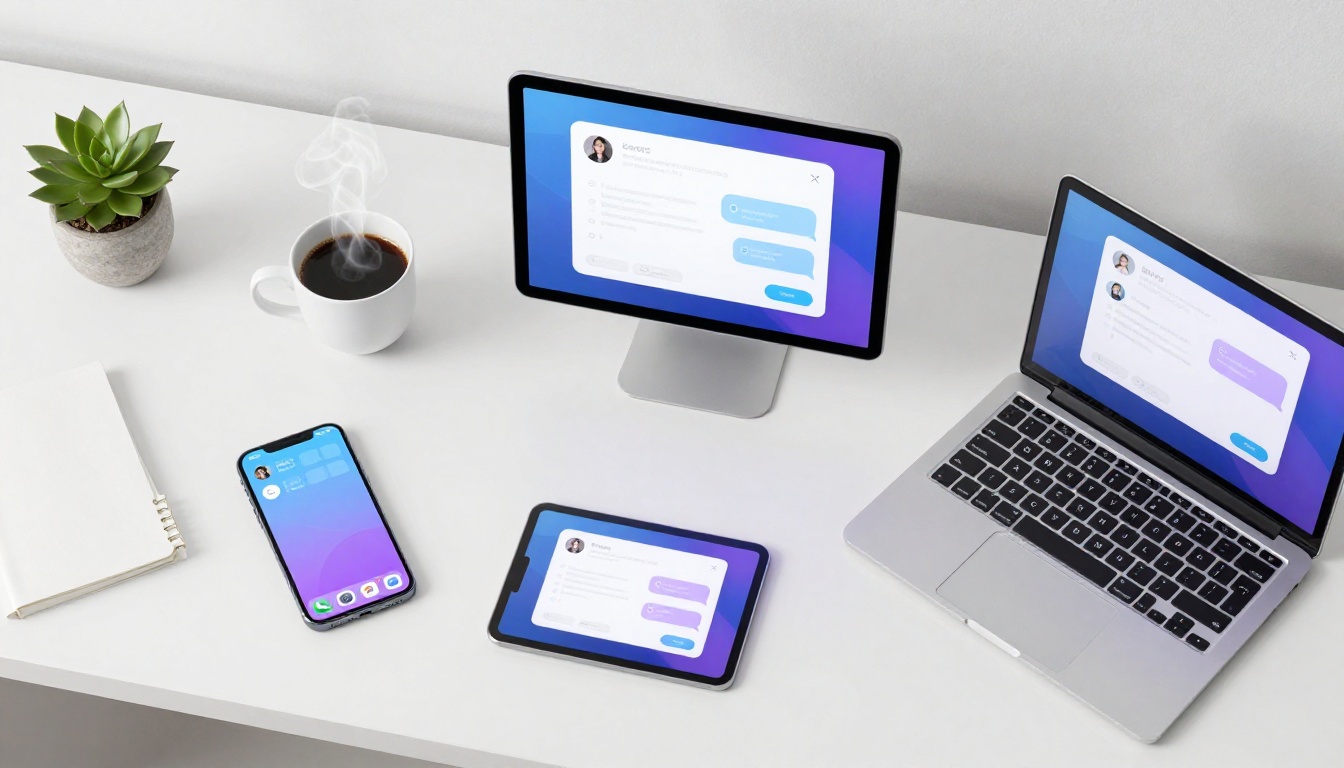Aerial view of modern desk with multiple glowing devices