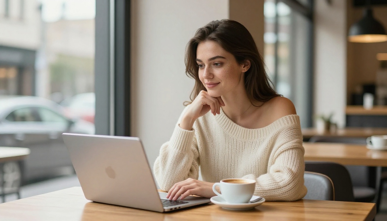 Woman at cafe with coffee looking at laptop with a knowing smile