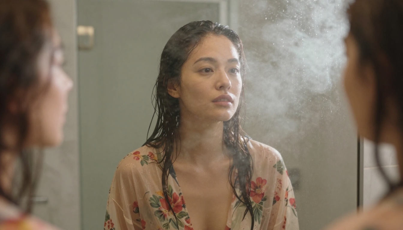 Woman in sheer floral kimono standing in front of a fogged bathroom mirror, atmospheric steam, Leica 50mm Summilux, Kodak Ektar 100