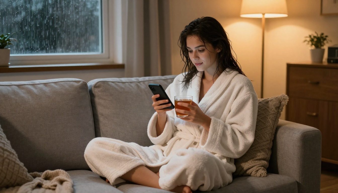 Woman in white bathrobe sitting on grey sofa, phone in hand, cozy evening light, rain on window behind Woman in white bathrobe sitting on grey sofa, phone in hand, cozy evening light, rain on window behind