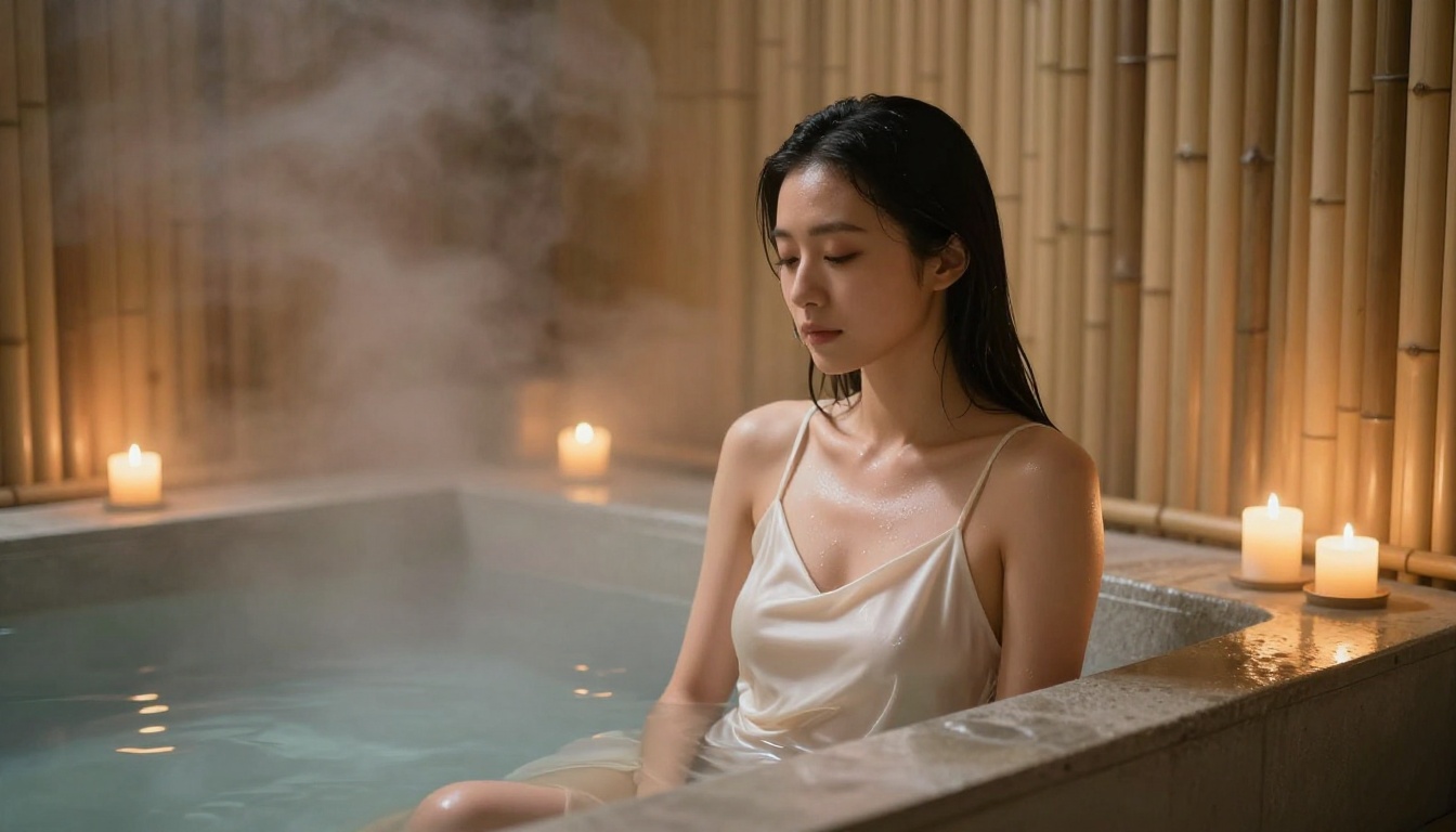Japanese woman in onsen-inspired bathroom with candlelight