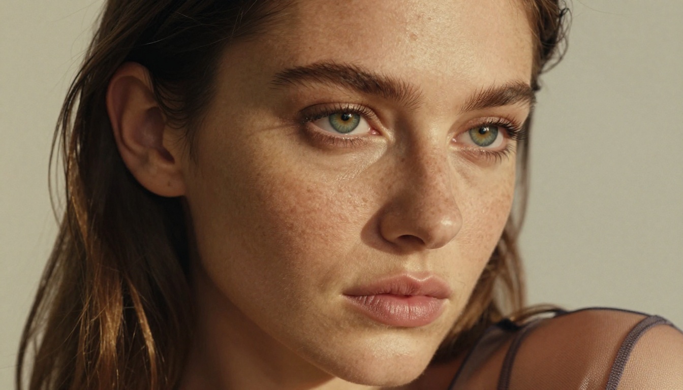 Close-up portrait with dramatic studio lighting, freckled skin and green eyes