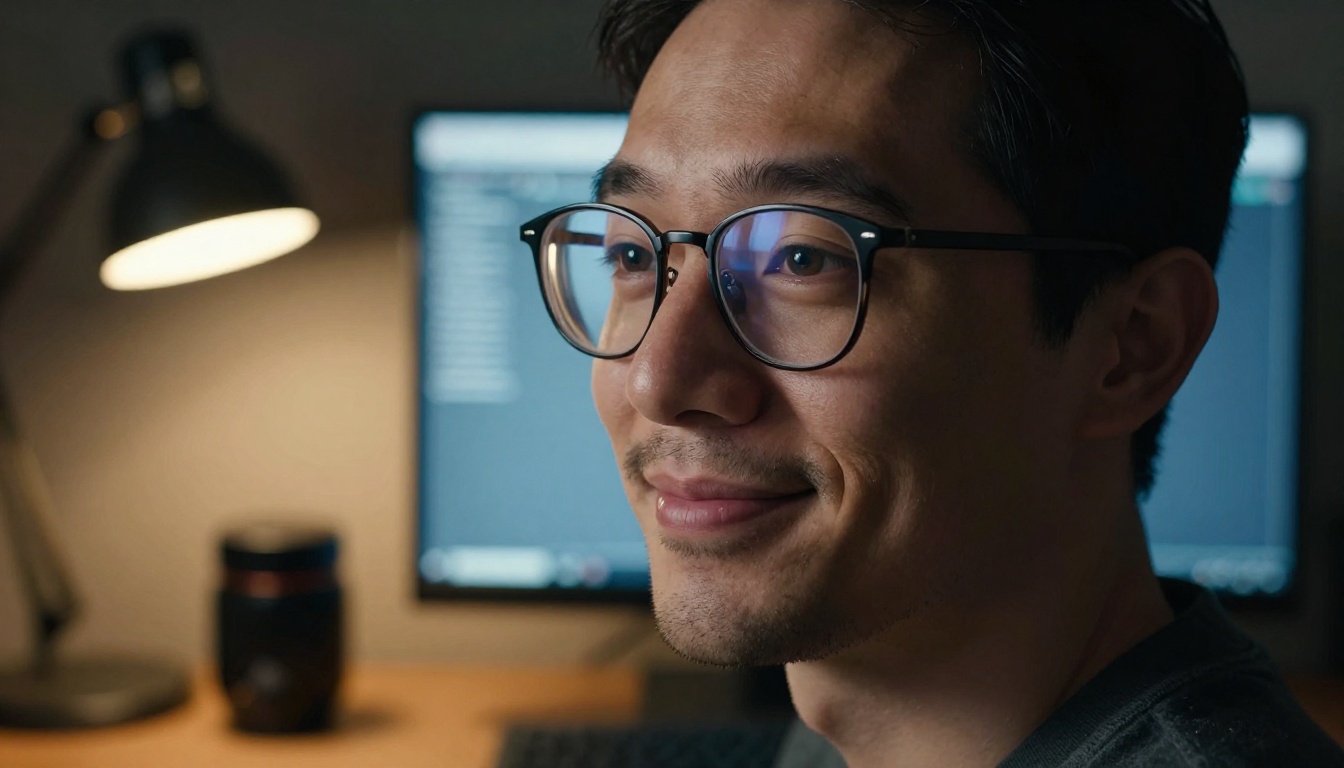 A focused man with glasses satisfied with AI video results on his monitor