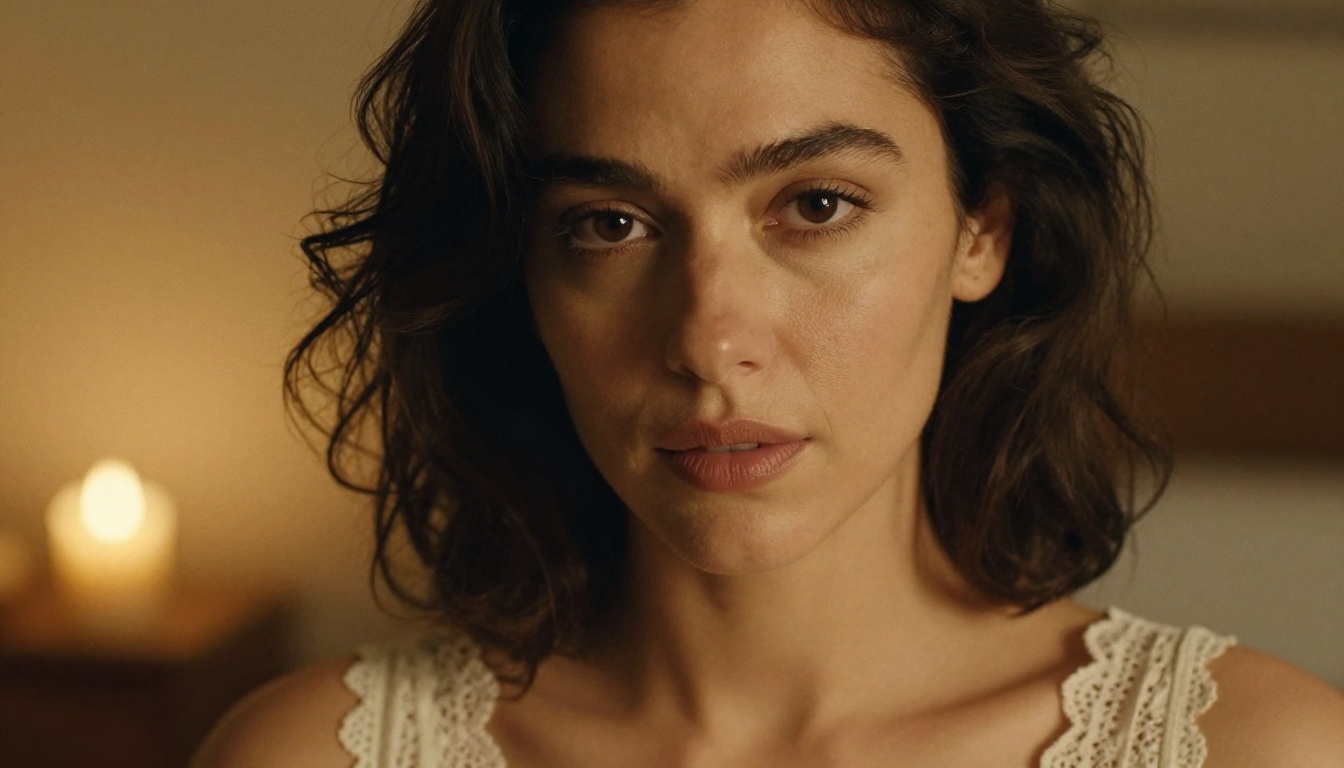 Intimate close-up portrait of woman in ivory lace camisole
