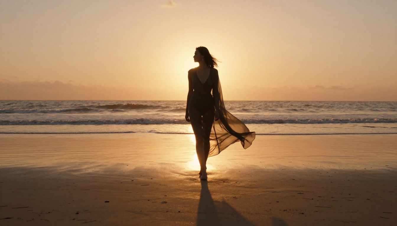 Sunset beach walk, fashion model in flowing sheer cover-up, golden hour backlit silhouette, cinematic low angle Sunset beach walk, fashion model in flowing sheer cover-up, golden hour backlit silhouette, cinematic low angle