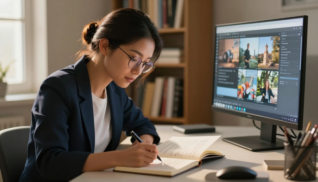 Woman writing detailed AI video prompts in a notebook while referencing her monitor Woman writing detailed AI video prompts in a notebook while referencing her monitor