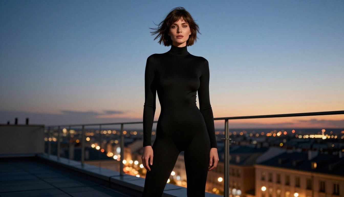 Nordic woman in bodysuit on rooftop terrace at blue hour