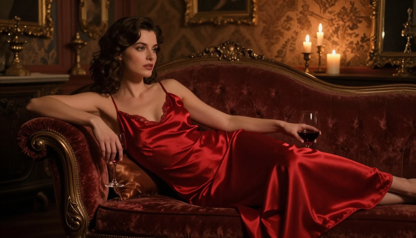 Woman in red silk slip dress on antique velvet chaise in dimly lit art deco boudoir, candlelight, Canon 85mm f/1.4, Kodak Portra 800