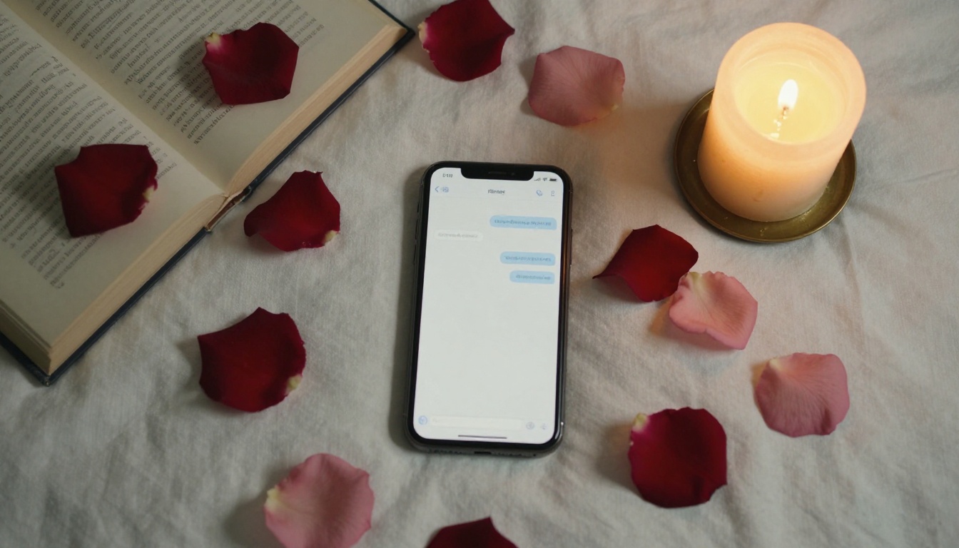 Overhead aerial shot of smartphone on white linen surface with rose petals, candle, and paperback book Overhead aerial shot of smartphone on white linen surface with rose petals, candle, and paperback book