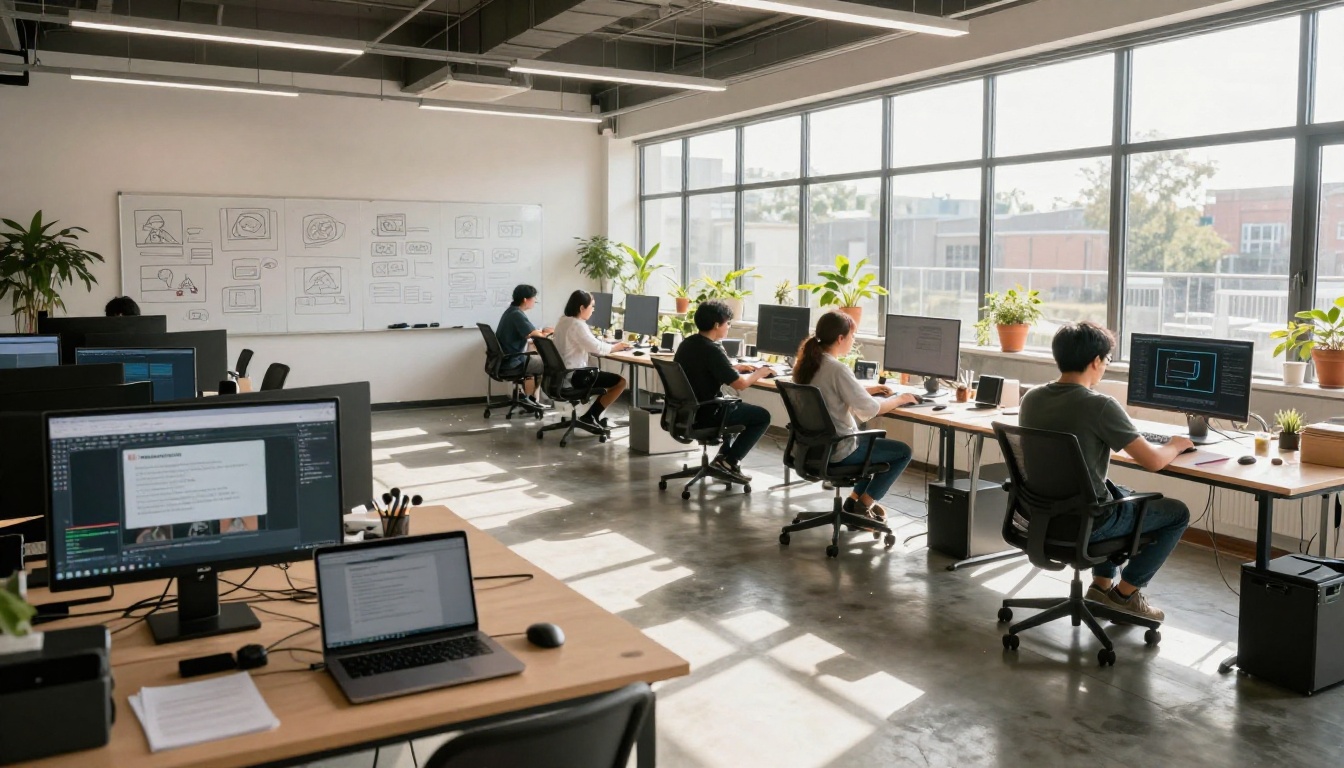 A wide modern creative studio with people working at video generation workstations