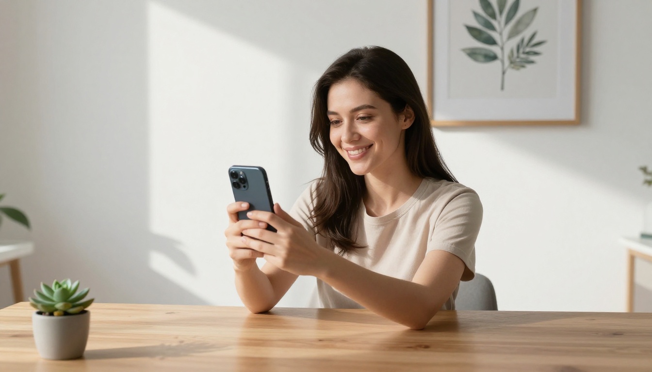 Woman taking a selfie at home desk in warm morning light
