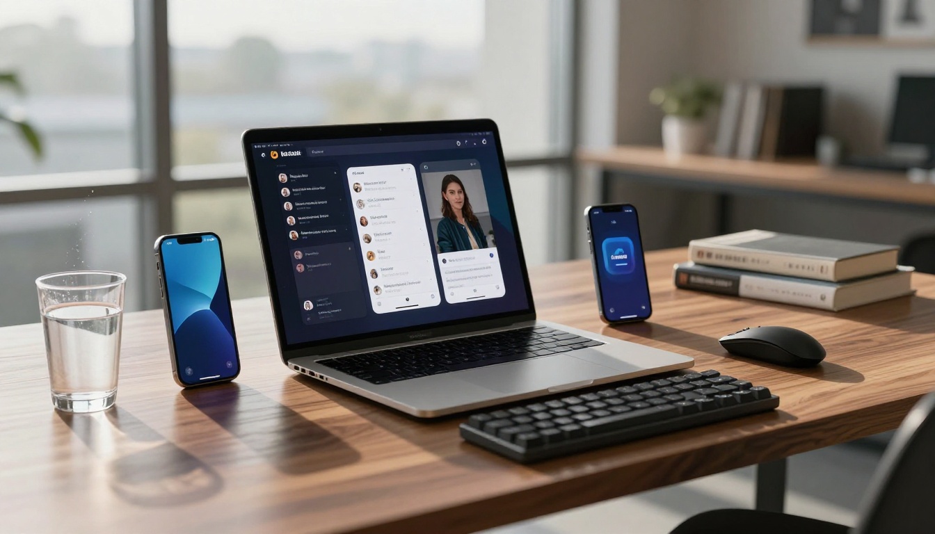 Stylish tech workspace with two phones and laptop Stylish tech workspace with two phones and laptop