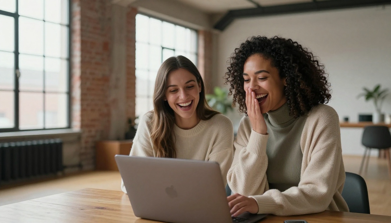 Two women of different ethnicities laughing together at a laptop in a modern loft, natural daylight, Sony 35mm f/1.8, Fujifilm Provia