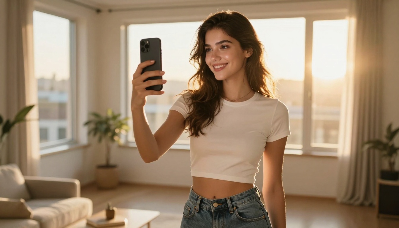Woman taking selfie in sun-drenched apartment with golden hour light Woman taking selfie in sun-drenched apartment with golden hour light