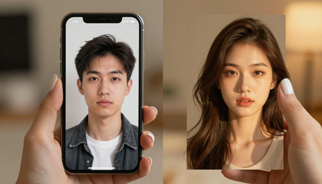 Smartphone screen showing a before-and-after AI portrait comparison