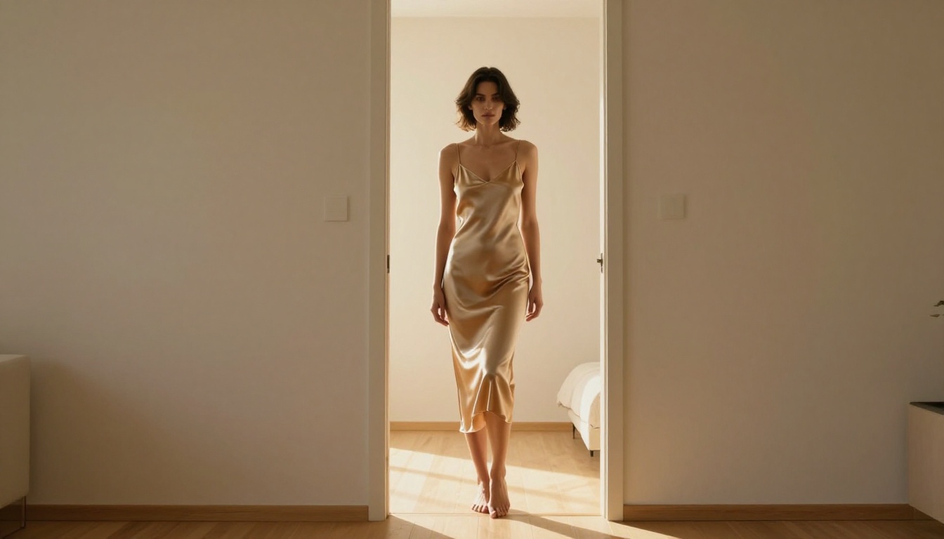 Woman in champagne silk slip dress standing in backlit bedroom doorway