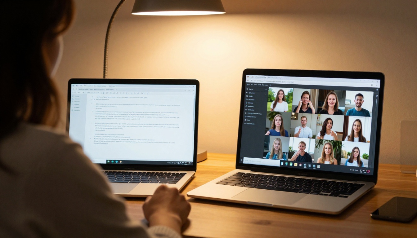 A woman comparing two laptop screens showing different text-to-video results