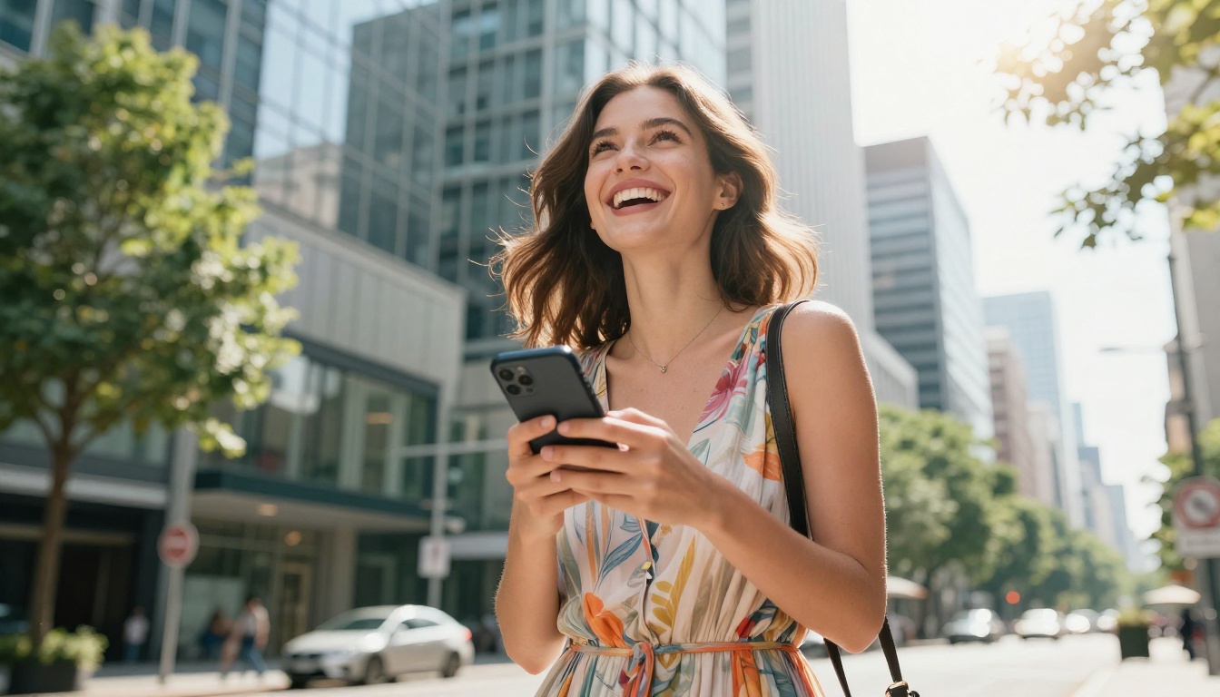 Woman in summer dress laughing at phone on city street low angle Woman in summer dress laughing at phone on city street low angle