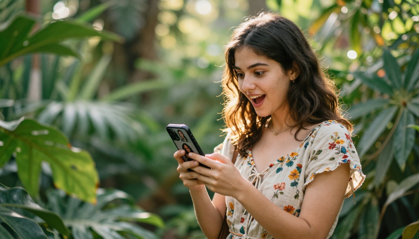 Woman in botanical garden reviewing AI portrait results on her phone