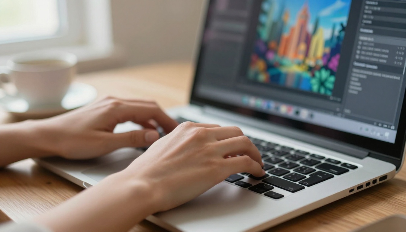 Hands typing on laptop with AI image generation interface visible on monitor in background Hands typing on laptop with AI image generation interface visible on monitor in background